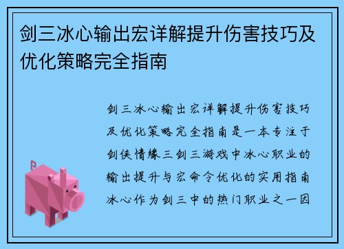 剑三冰心输出宏详解提升伤害技巧及优化策略完全指南