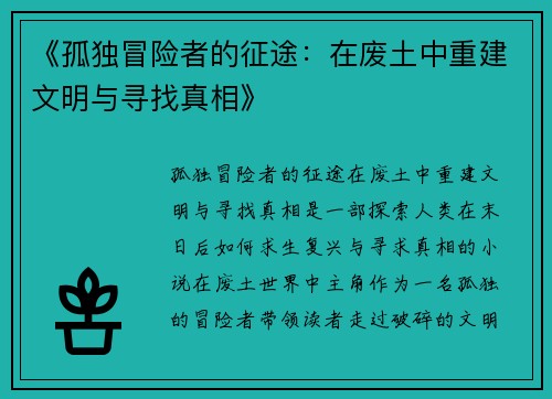 《孤独冒险者的征途：在废土中重建文明与寻找真相》