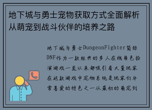 地下城与勇士宠物获取方式全面解析从萌宠到战斗伙伴的培养之路