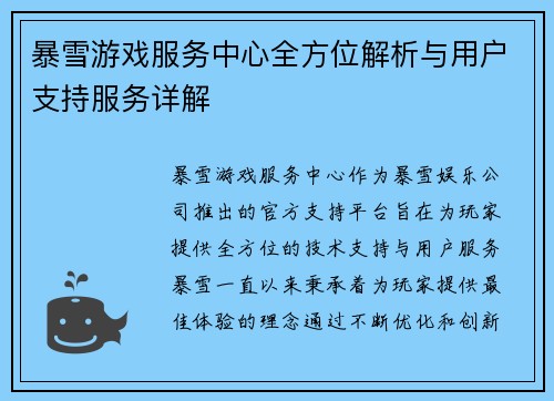 暴雪游戏服务中心全方位解析与用户支持服务详解