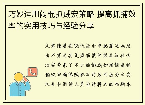 巧妙运用闷棍抓贼宏策略 提高抓捕效率的实用技巧与经验分享